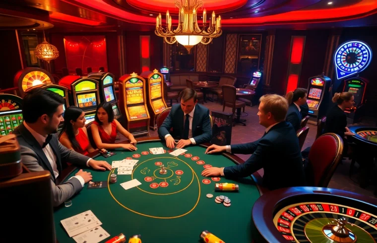 The scene depicts players enjoying exciting poker at the meilleur casino en ligne français with vibrant slot machines shining in the background.