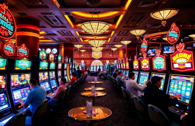 Players enjoying slot machines in an exciting casino atmosphere with vibrant color and light.