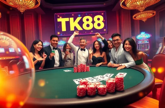 Casino scene with luxurious elements highlighting TK88 poker action, players celebrating wins.