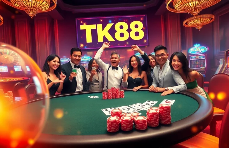Casino scene with luxurious elements highlighting TK88 poker action, players celebrating wins.
