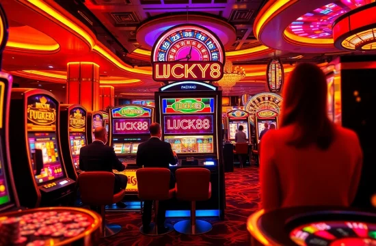 Players enjoying the thrill of LUCKY88 slot machine in a vibrant casino atmosphere.