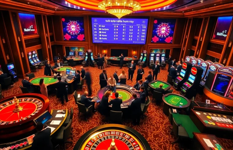 Engaging scene showing 'tỷ lệ kèo nhà cái hôm nay' with casino tables and players involved in gambling.