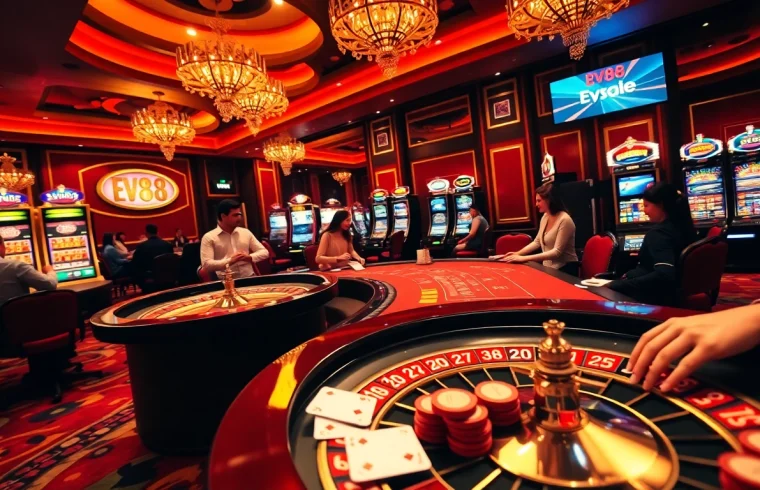 Experience the excitement of Ev88 with players at a vibrant casino table, engaging in thrilling games.