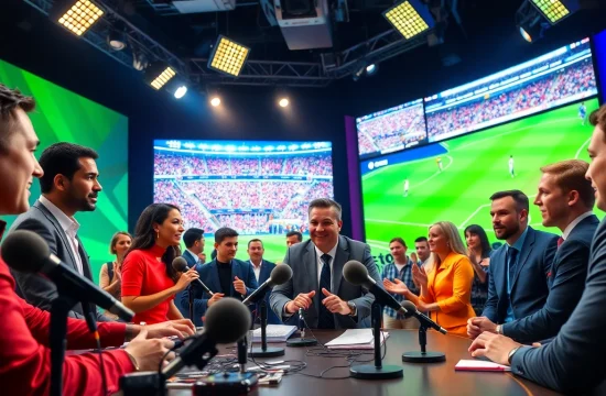 Engaging sports broadcasting studio with presenters showcasing vibrant energy and excitement.