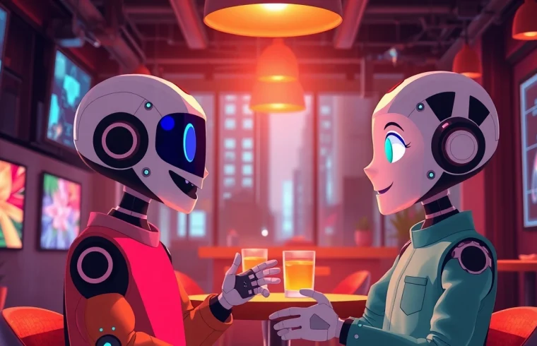Engaging scene of AI characters in cozy urban café for ai nsfw chat.
