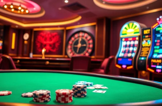 Exciting view of the meilleur casino en ligne français with vibrant poker tables, chips, and roulette wheel.