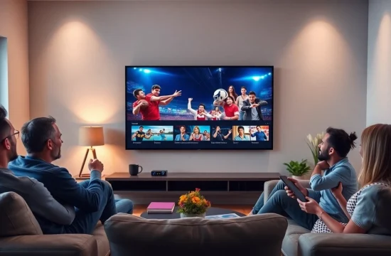 Iron tv pro showcasing happy viewers enjoying streaming sports, movies, and series in a modern living room.