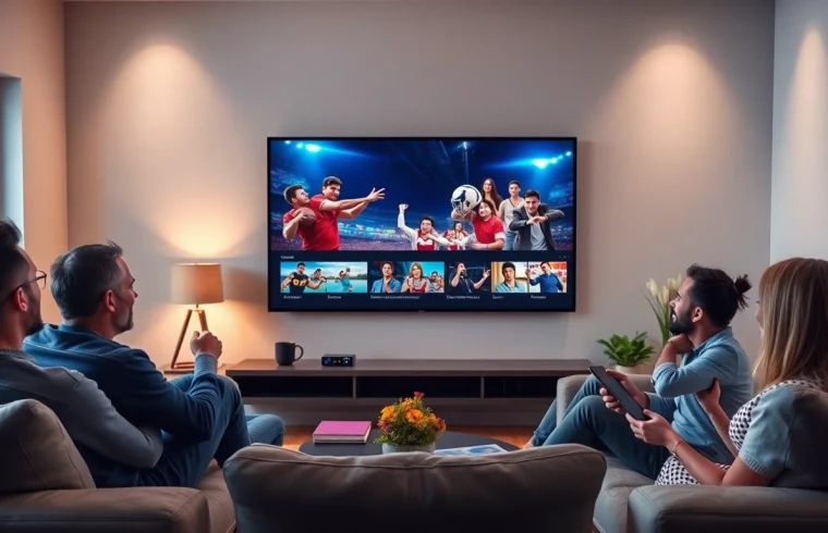 Iron tv pro showcasing happy viewers enjoying streaming sports, movies, and series in a modern living room.
