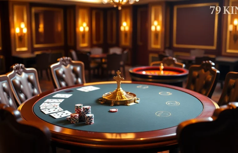 Engaging scene at Trang chủ 79KING depicting a luxurious poker table with cards and chips.