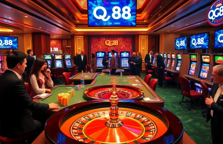Exciting gaming scene at QQ88 casino with vibrant tables and roulette wheel action