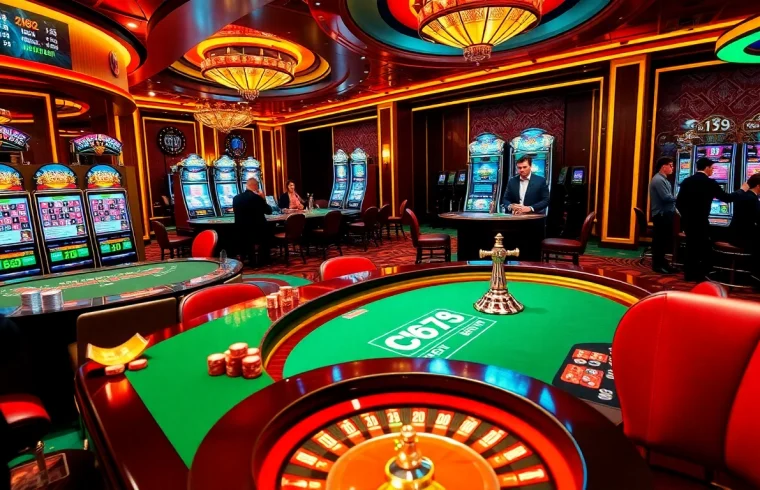 C168 casino scene featuring a poker table, roulette wheel, and luxury slot machines.