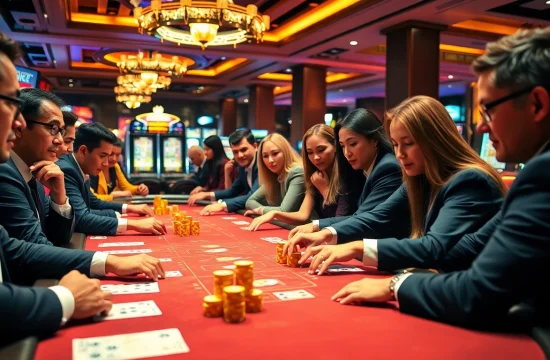 Excited players at CM88 enjoy poker with vibrant chips and betting slips in a lively casino.