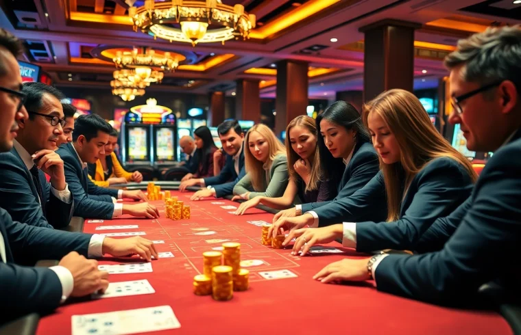 Excited players at CM88 enjoy poker with vibrant chips and betting slips in a lively casino.