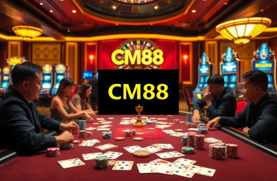 Experience the thrill of CM88 at a vibrant high-stakes poker table in a luxurious casino atmosphere.