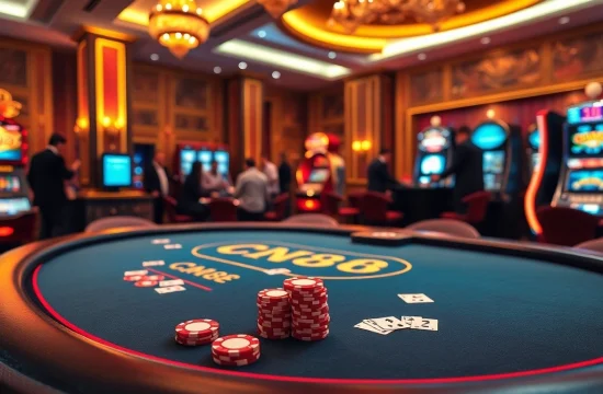 Engage with thrilling CM88 casino action at a luxurious poker table filled with chips and cards