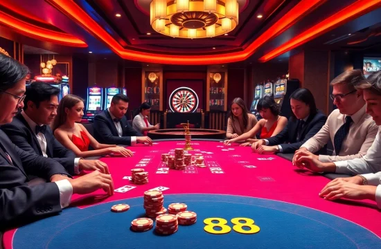 Engaging poker players strategizing their moves with CM88 chips at an elegant casino table.