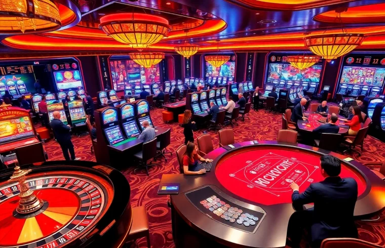 Experience thrilling gameplay at MM88 with vibrant casino tables, poker chips, and excitement.