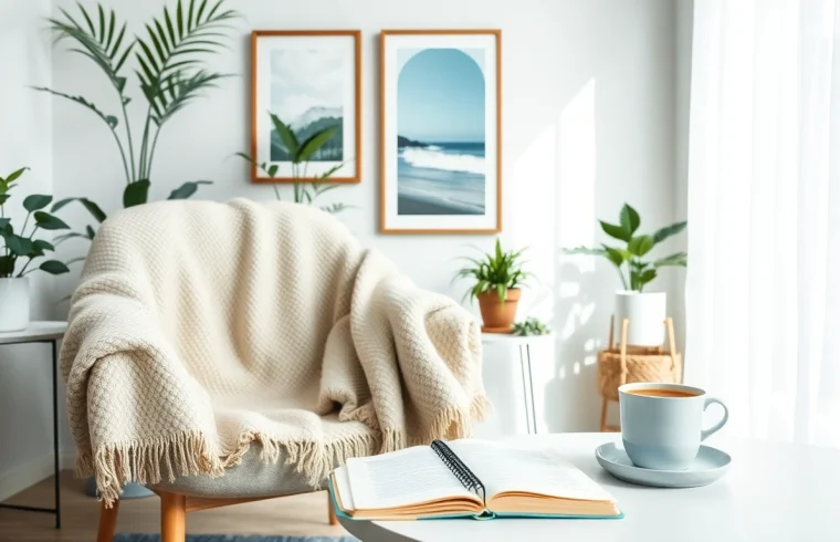 Showcase mental health tips in a tranquil workspace emphasizing calm and relaxation.